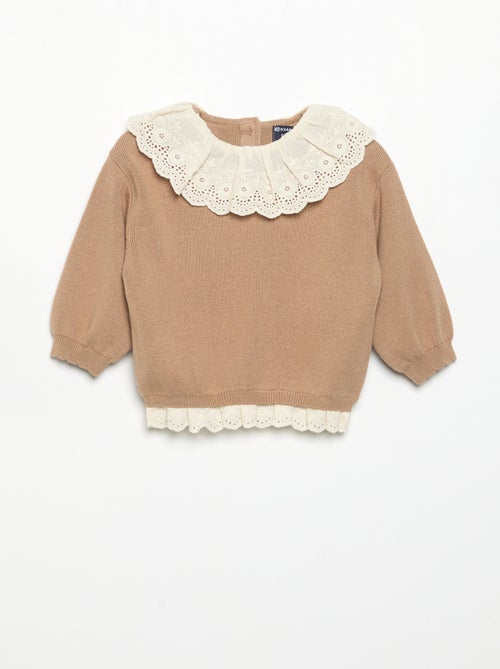 Pull avec col fantaisie en broderie anglaise - Kiabi