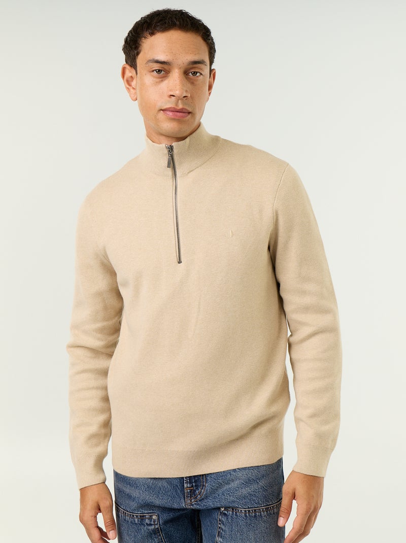 Pull avec col montant zippé Beige - Kiabi