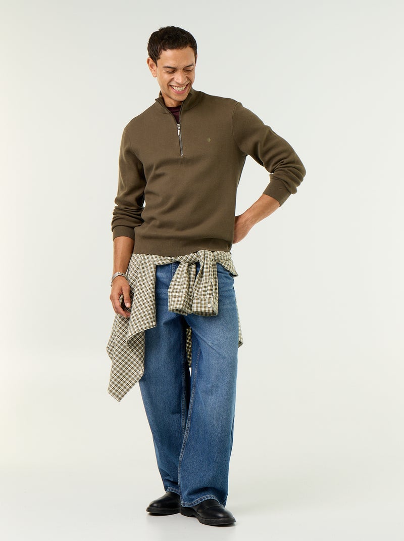 Pull avec col montant zippé Kaki - Kiabi
