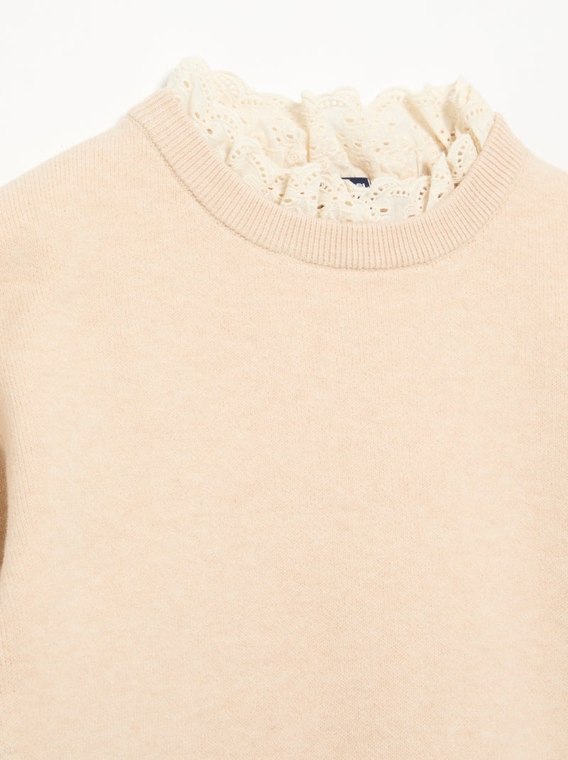 Pull avec col rond effet 2 en 1 en broderies anglaises Beige - Kiabi