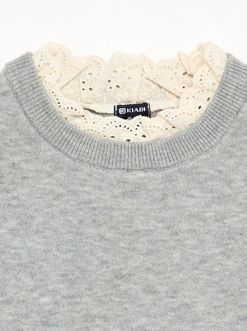 Pull avec col rond effet 2 en 1 en broderies anglaises Gris - Kiabi