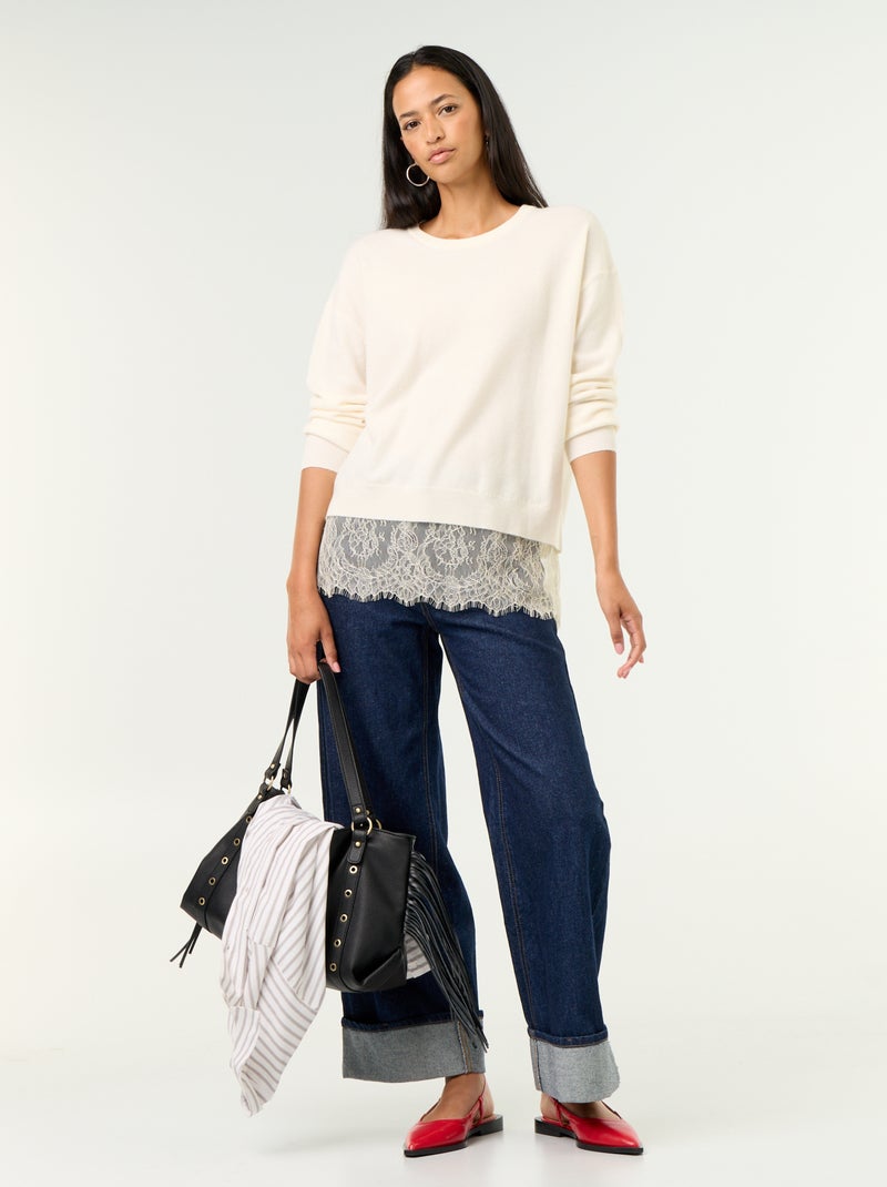 Pull avec empiècement en dentelle Blanc - Kiabi