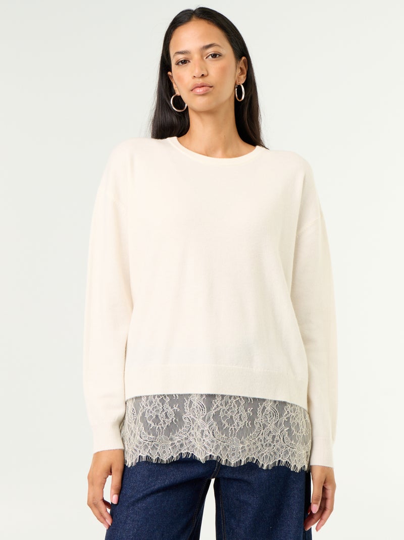 Pull avec empiècement en dentelle Blanc - Kiabi