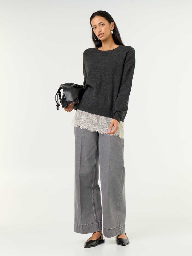 Pull avec empiècement en dentelle Gris - Kiabi