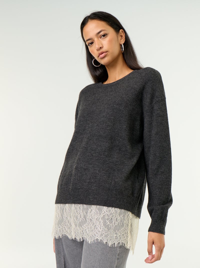 Pull avec empiècement en dentelle Gris - Kiabi