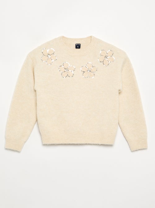 Pull avec fleurs brodées et sequins - Kiabi Pull avec fleurs brodées et sequins - Kiabi