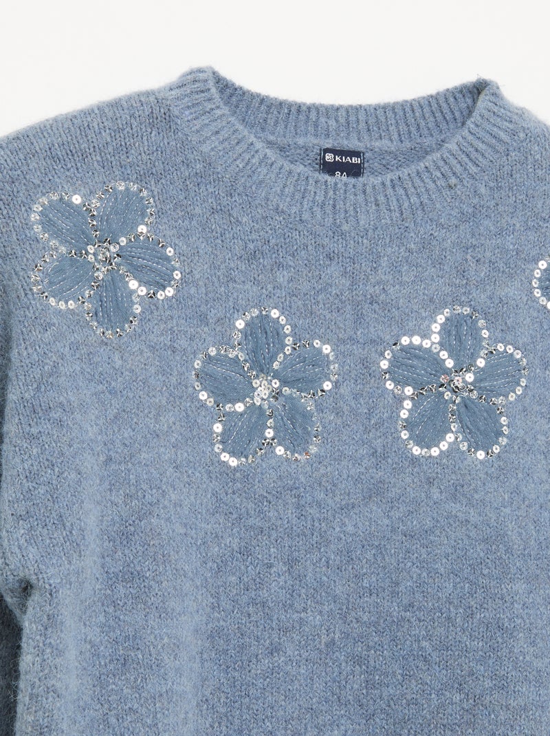 Pull avec fleurs brodées et sequins Bleu - Kiabi