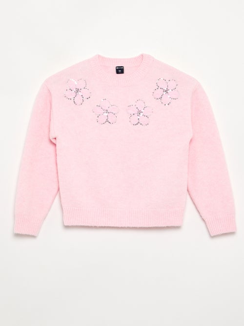 Pull avec fleurs brodées et sequins - Kiabi Pull avec fleurs brodées et sequins - Kiabi