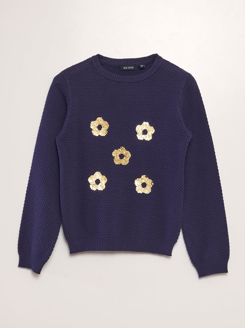 Pull avec fleurs en sequins Marine - Kiabi