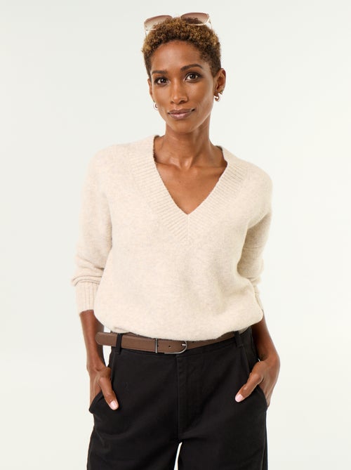 Pull avec grand col en V en maille côtelée - Kiabi