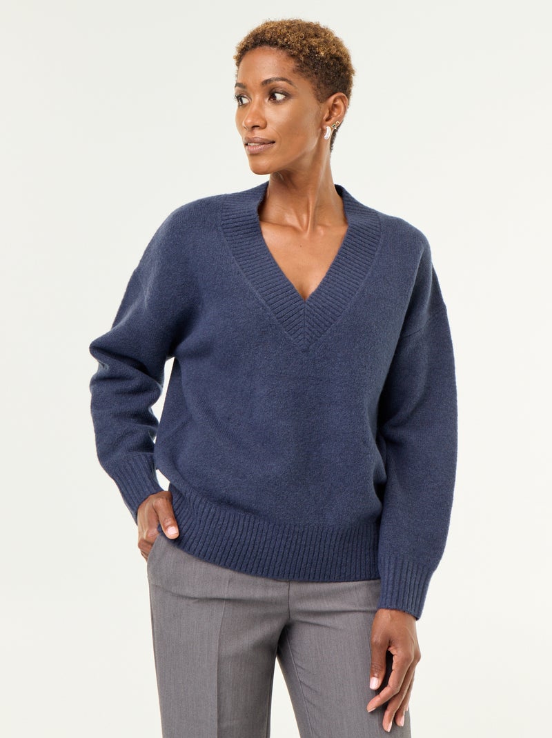 Pull avec grand col en V en maille côtelée Bleu - Kiabi