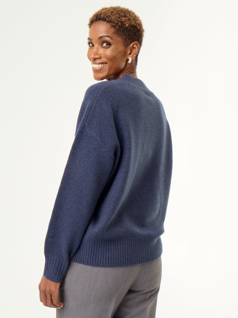 Pull avec grand col en V en maille côtelée Bleu - Kiabi