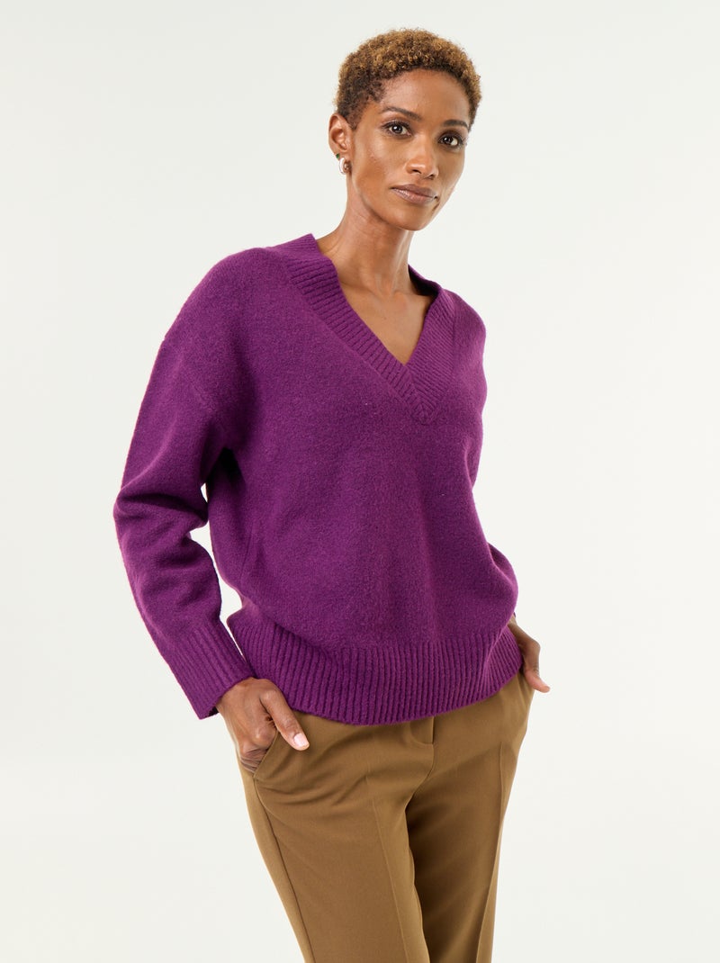 Pull avec grand col en V en maille côtelée Violet - Kiabi