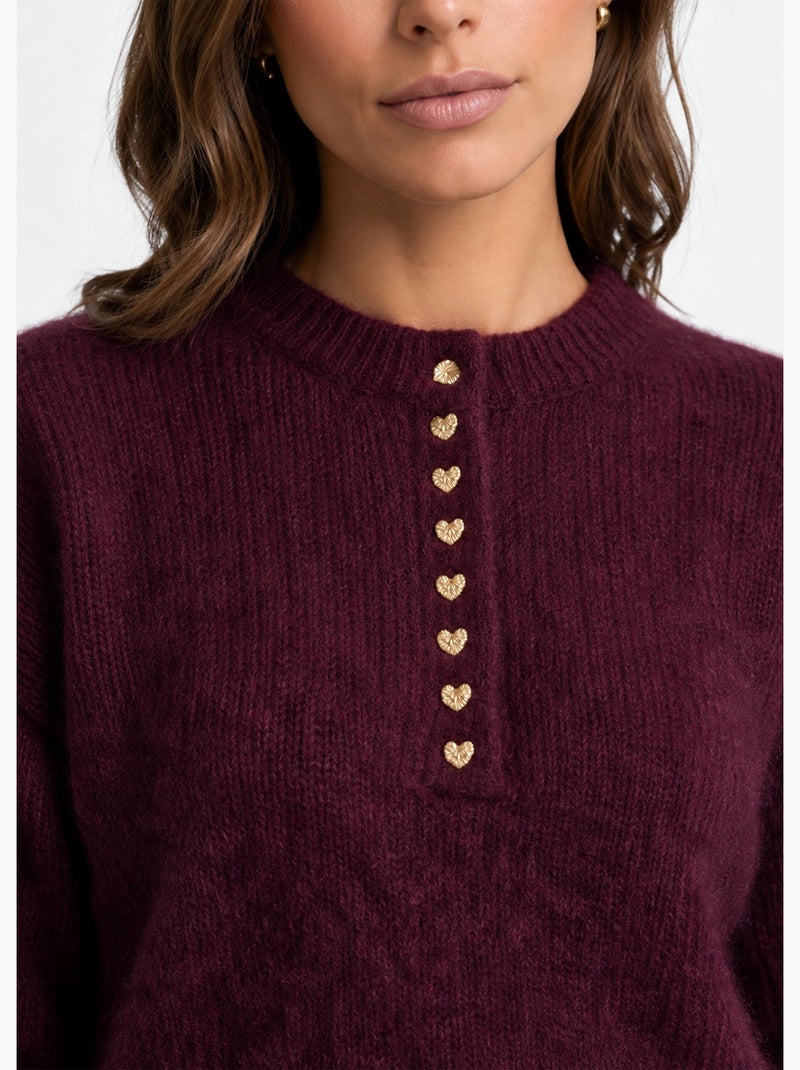 Pull avec laine, col rond boutons métal - afibel Bordeaux - Kiabi