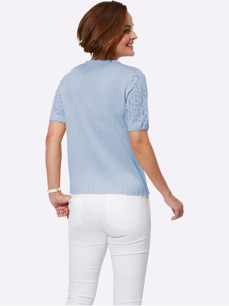 Pull avec manches courtes motif ajouré et finition côtelée - Taille standard - Witt Bleu ciel - Kiabi