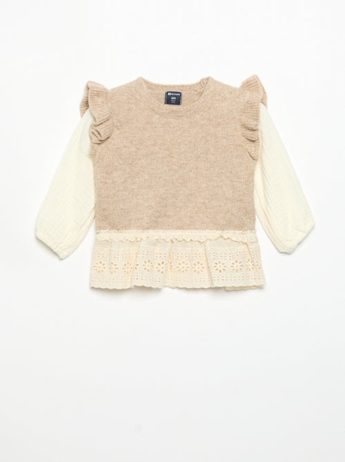 Pull avec manches en voile de coton et base brodée - Kiabi
