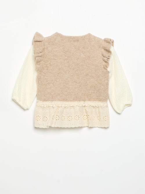 Pull avec manches en voile de coton et base brodée - Kiabi