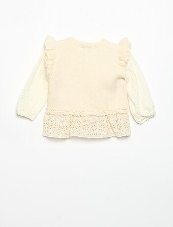 Pull avec manches en voile de coton et base brodée