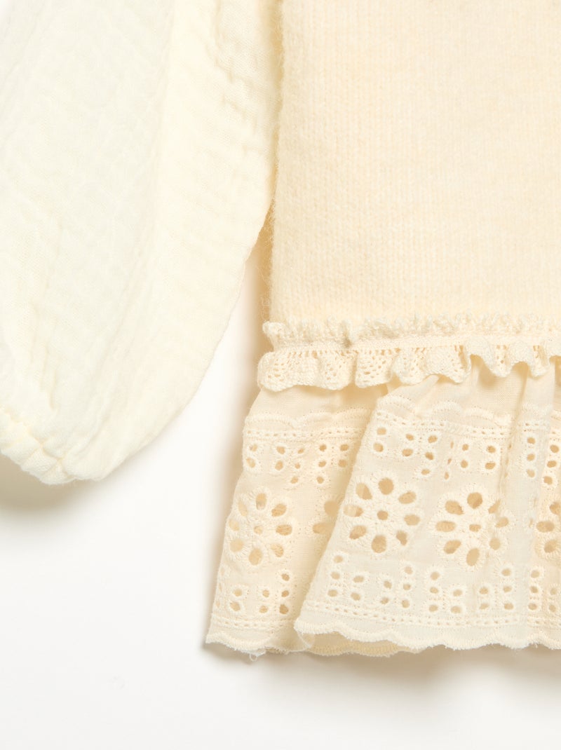 Pull avec manches en voile de coton et base brodée Blanc - Kiabi