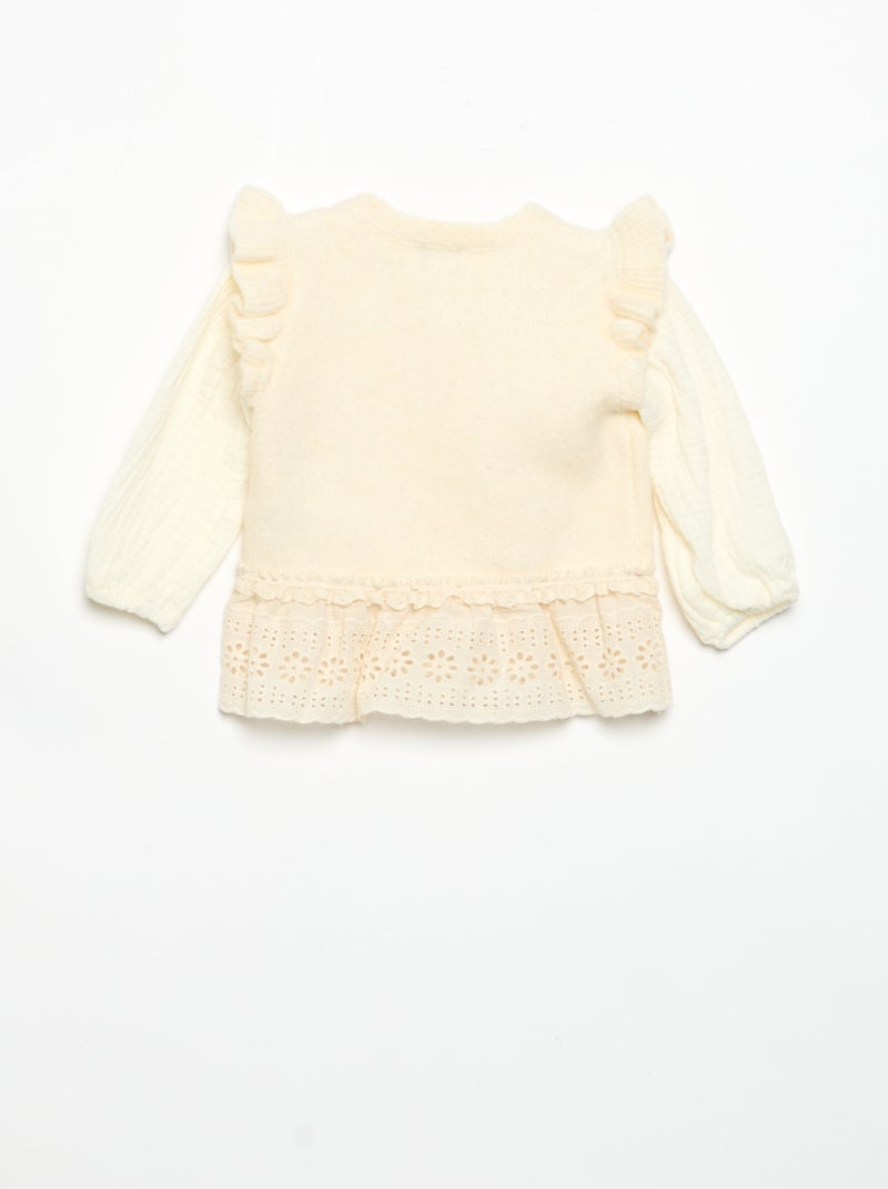 Pull avec manches en voile de coton et base brodée Blanc - Kiabi