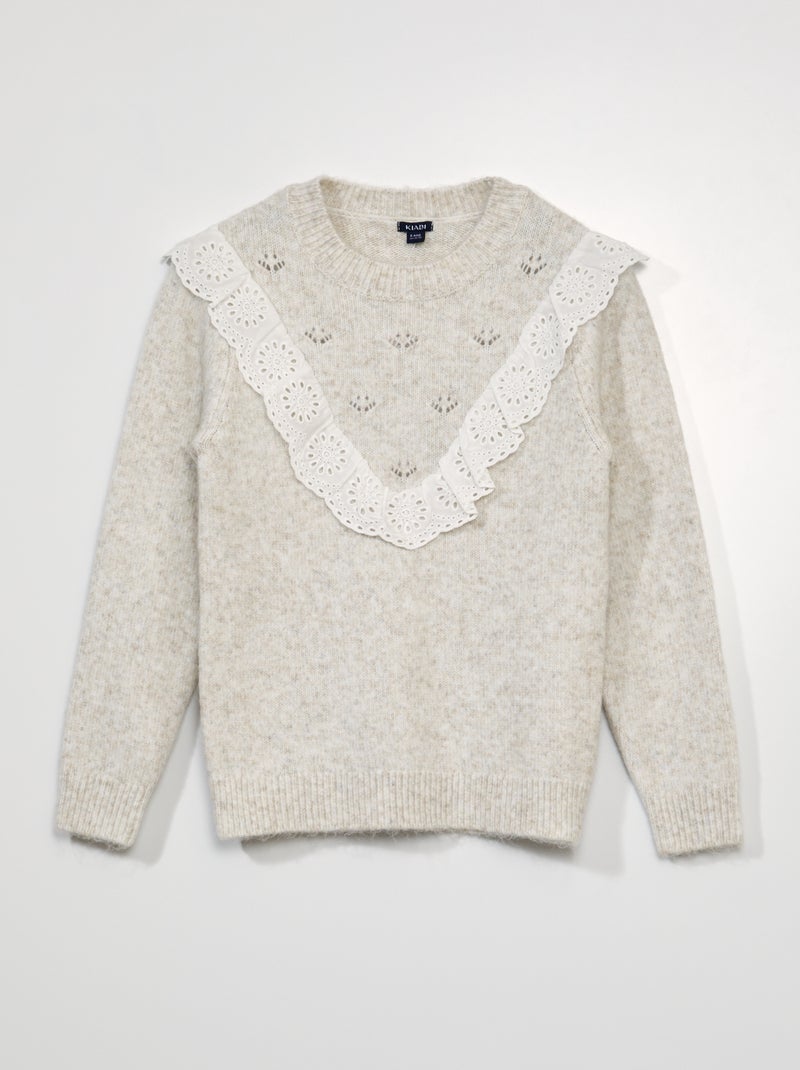 Pull avec volants et les broderies anglaises Beige - Kiabi