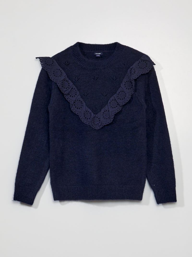 Pull avec volants et les broderies anglaises Noir - Kiabi