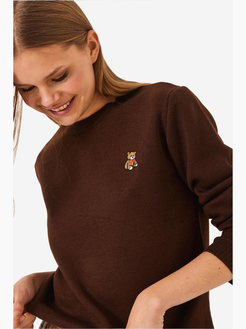 Pull basique brodé teddy lucci Marron foncé - Kiabi