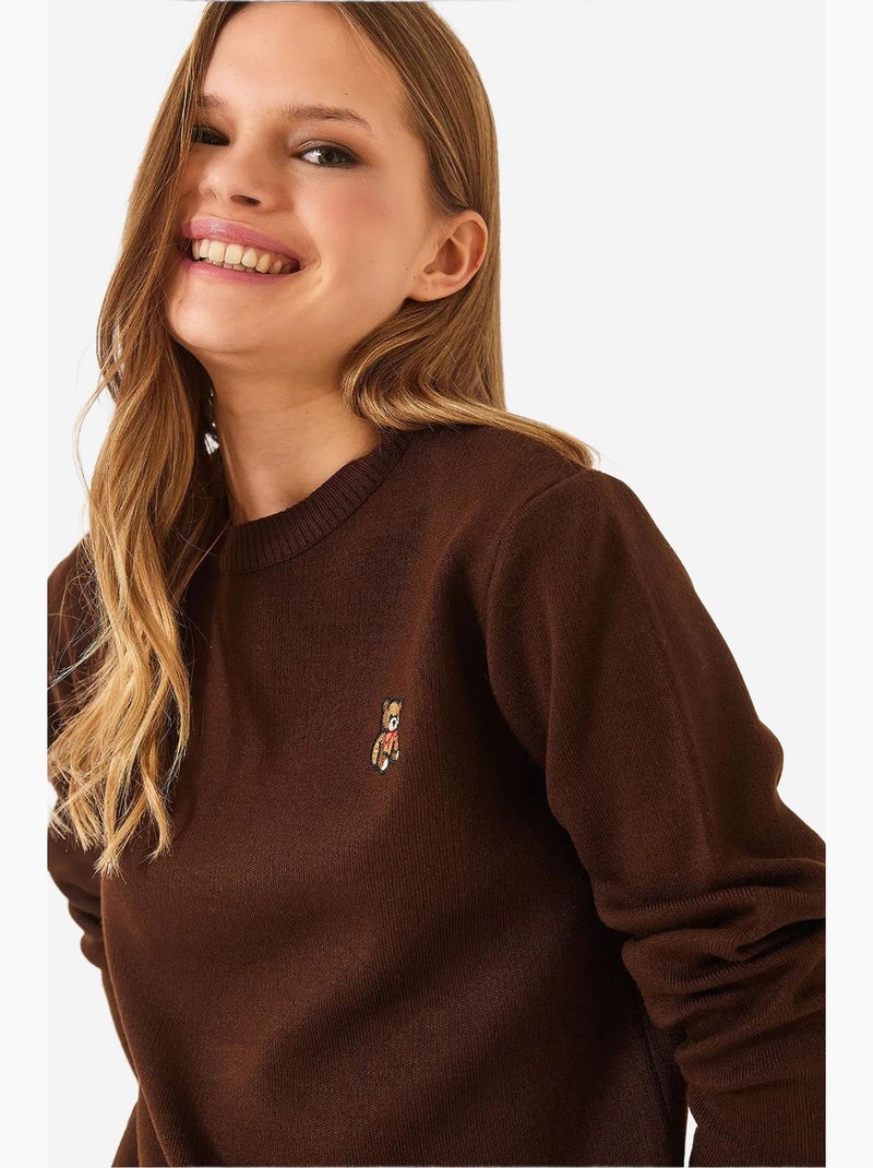 Pull basique brodé teddy lucci Marron foncé - Kiabi