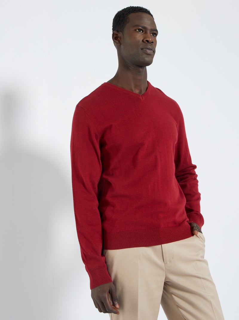 Pull basique en maille unie rouge bordeaux - Kiabi