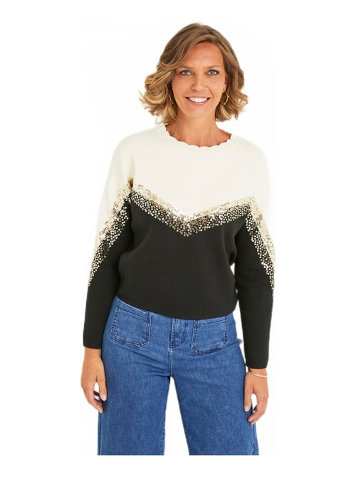 Pull bicolore manches longues à sequins - Kiabi