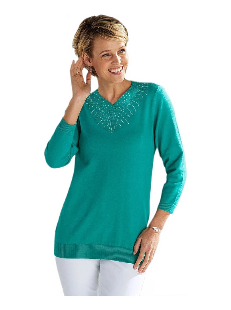 Pull bijou maille extra douce Vert émeraude - Kiabi
