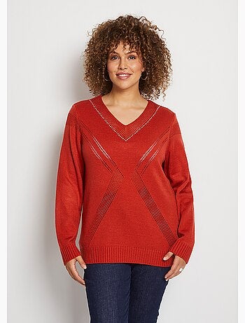 Pull bijou maille filet strass col V - Afibel