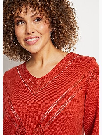 Pull bijou maille filet strass col V - Afibel