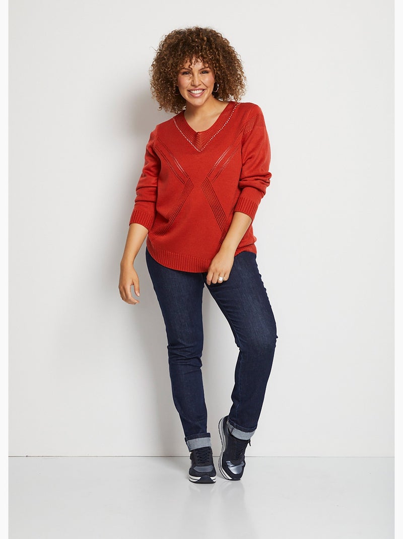 Pull bijou maille filet strass col V - Afibel Curry - Kiabi