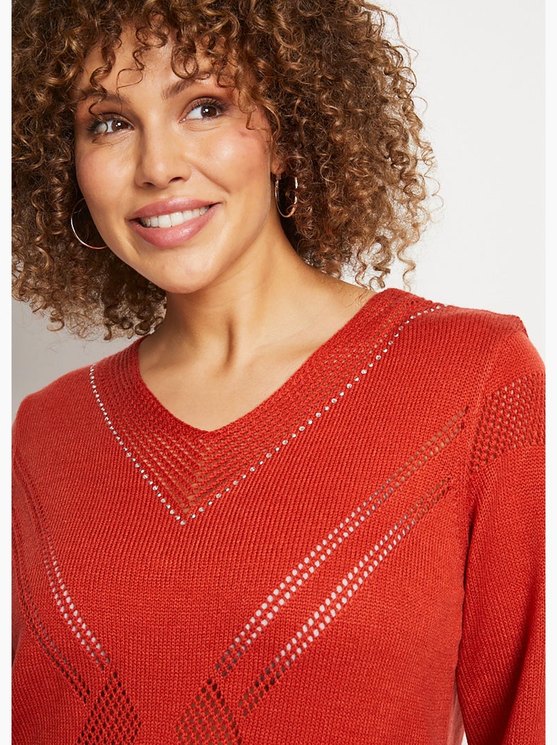 Pull bijou maille filet strass col V - Afibel Curry - Kiabi