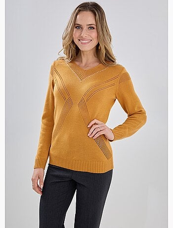 Pull bijou maille filet strass col V - Afibel