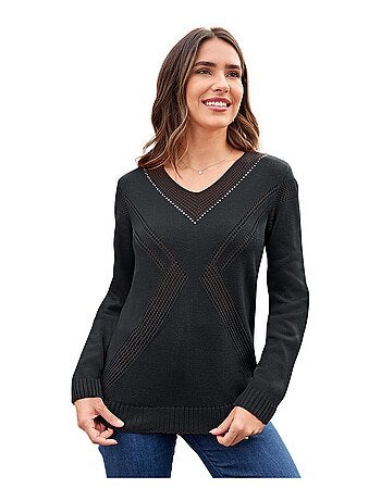 Pull bijou maille filet strass col V
