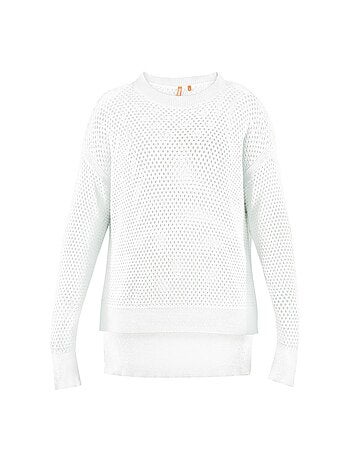 Pull blanc uni en maille ajourée avec une coupe droite et un col rond
