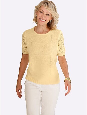 Pull à col rond avec manches courtes ajourées et finition côtelée - Taille standard - Witt