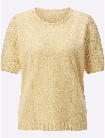 Pull à col rond avec manches courtes ajourées et finition côtelée - Taille standard - Witt
