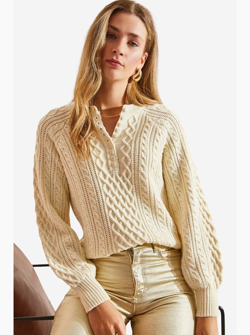 Pull boutonné en maille torsadée lucci Crème - Kiabi
