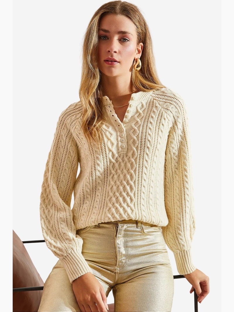 Pull boutonné en maille torsadée lucci Crème - Kiabi