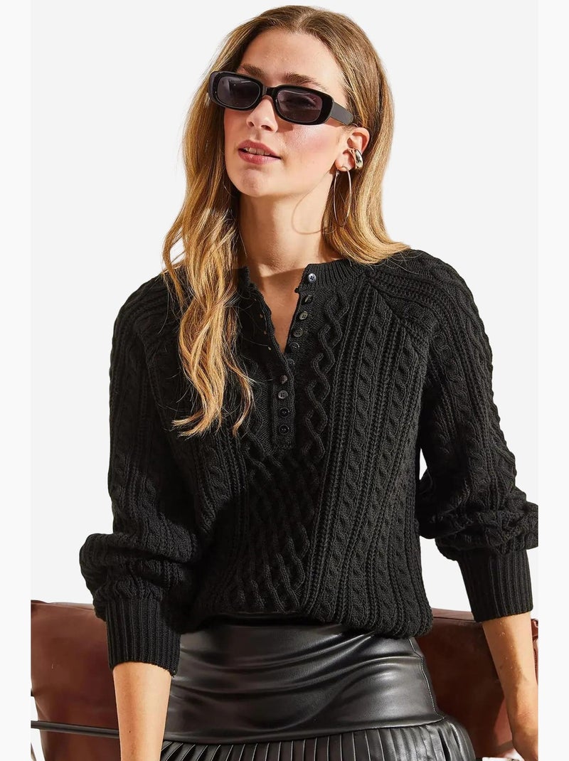 Pull boutonné en maille torsadée lucci Noir - Kiabi