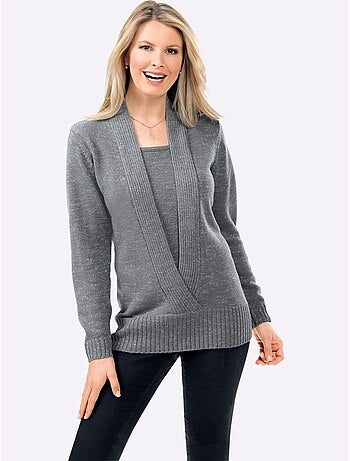 Pull effet 2-en-1 avec col châle et empiècement côtelé - taille standard - moda vilona