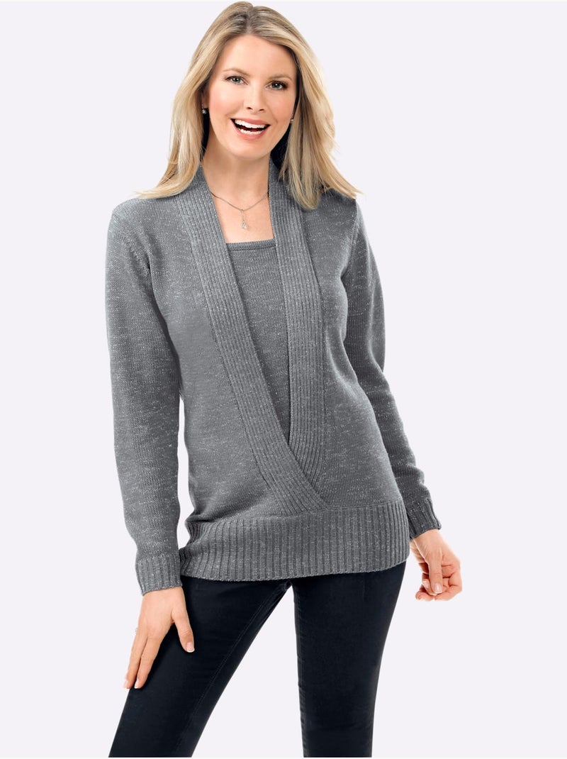 Pull brillant avec col v effet 2-en-1 à empiècement - taille standard - moda vilona Gris chiné - Kiabi