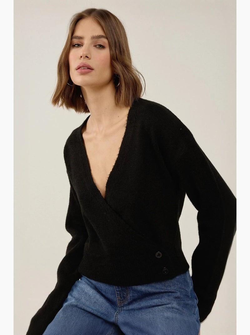 Pull cache-cœur boutonné à col en v hiccup Noir - Kiabi