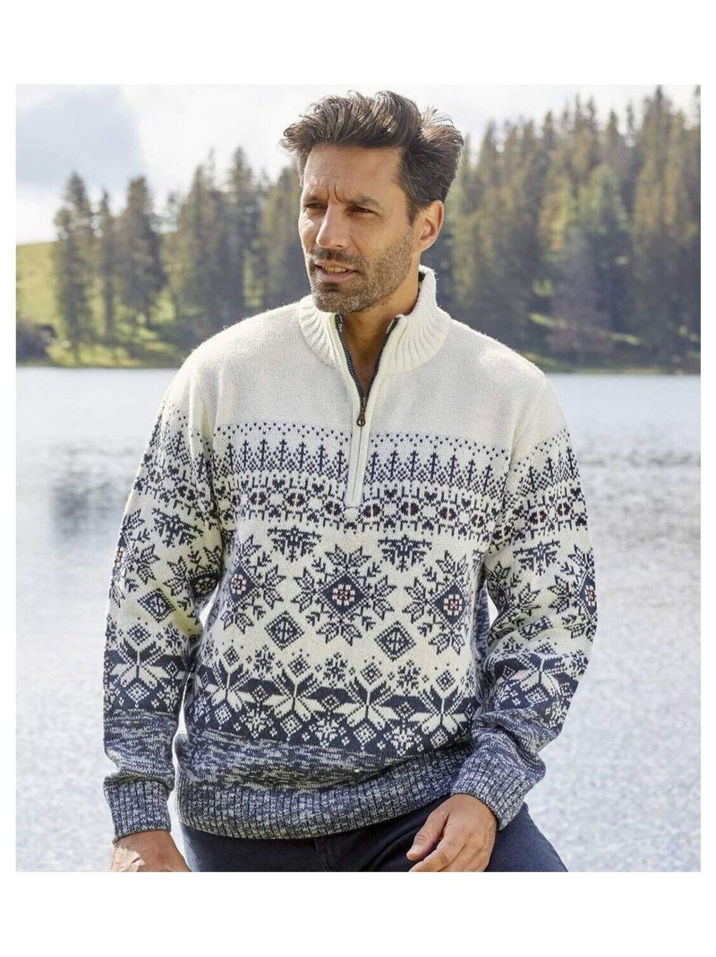Pull Camionneur Tricot Jacquard   - ATLAS FOR MEN Blanc Bleu - Kiabi