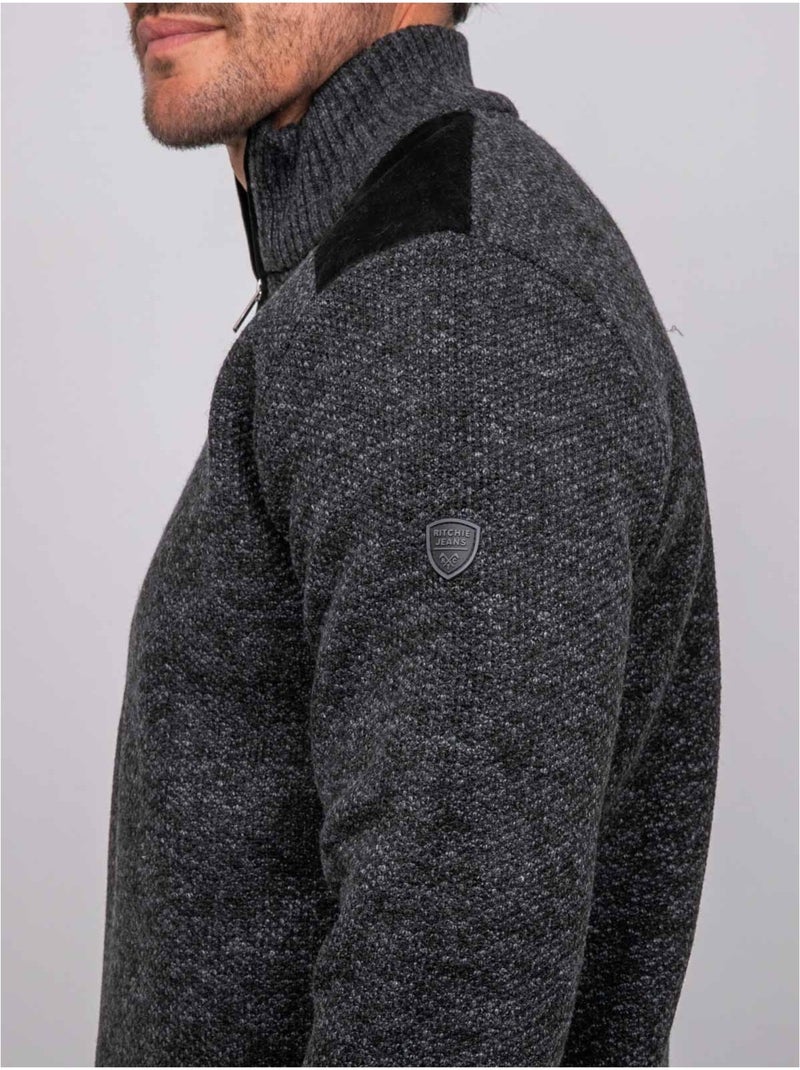 Pull camionneur zippé empiècements suédine lotiron gris anthracite - Kiabi