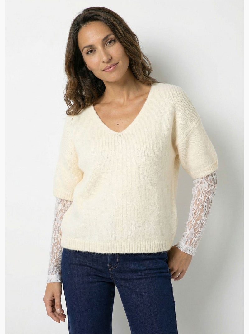 Pull Chaud Femme écru Taille 34 - Manches Longues Fendues - Laine Mélangée Made In Italy - Occasion TB