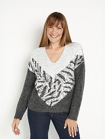 Pull chaud bicolore col V avec sequins